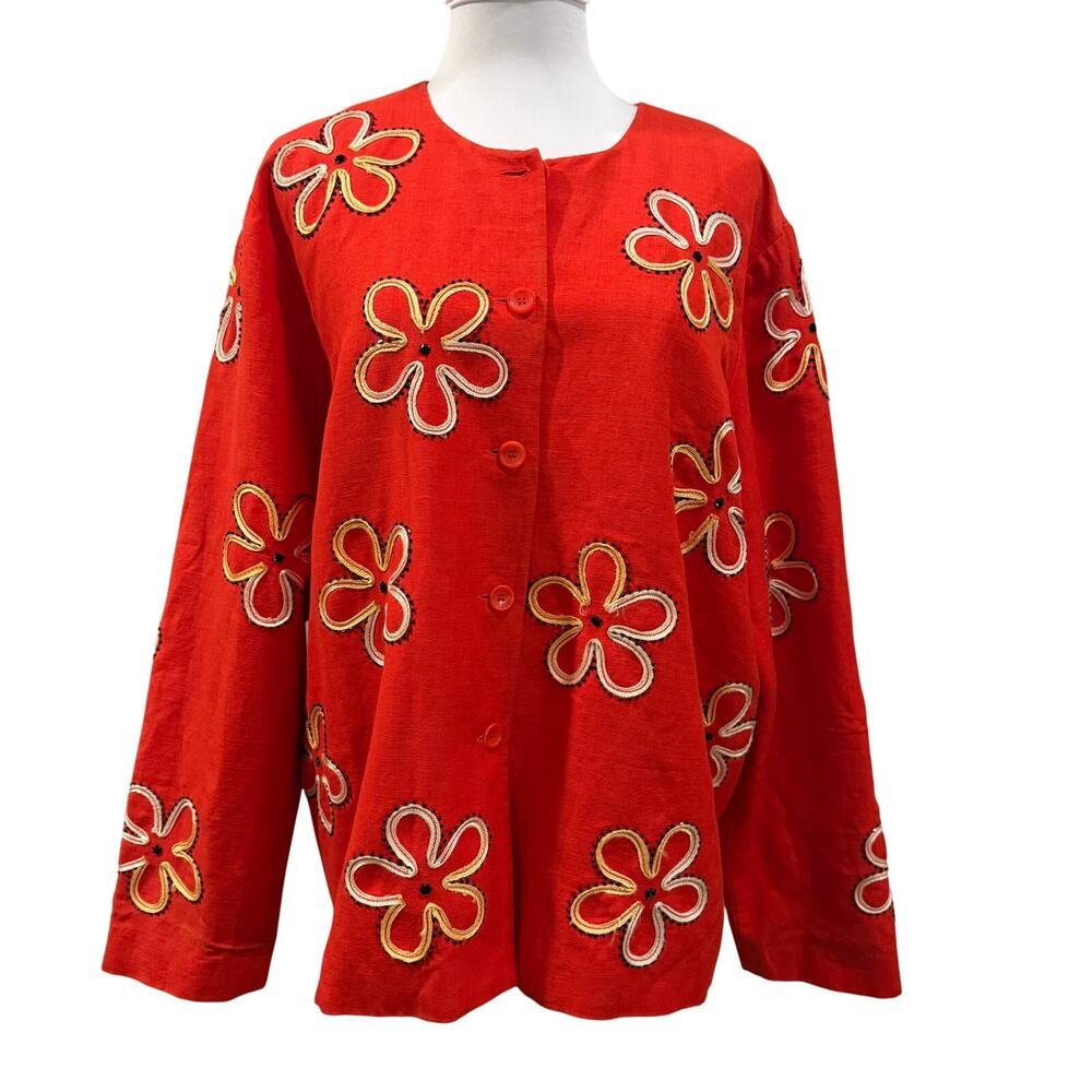 Coldwater Creek Linen Blend Floral Jacket Blood Orange Red XL Beaded Vacation